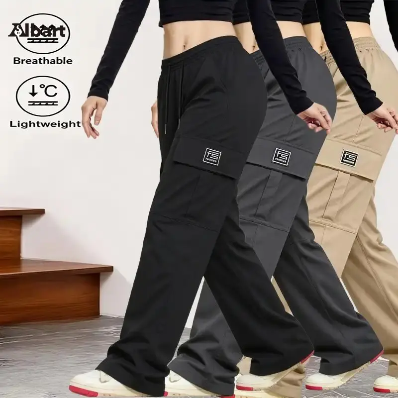 AIbart Women's 3-Pack Baggy Oversized Cargo Pants, Lightweight Knit Utility Trousers with Drawstring Waist for Casual Streetwear & Activewear Everyday Fashion, Knitting, Wide Leg, Plain, Sportswear