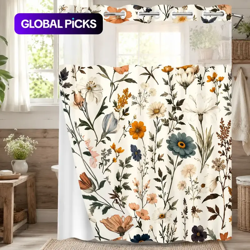 1PC 2D Flat Floral Pattern Double-Layer Woven Shower Curtain (No Hooks), Decorative Shower Curtain, Hookless Shower Curtain, Transparent Top Window, Removable liner with snap-on lining, Bathroom Partition Art Decoration, Bathroom Decor, Holiday Decoration