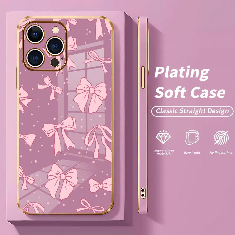 Full screen pink bow tie Soft&Flexible Electroplating TPU Silicone Phone Case For iPhone 17 Pro Max AIR 16 15 14 13 12 11 Plus Cases Durable|Shockproof|Full Camera Protection|Anti-Scratch|Non-Slip|Slim Fit|Gift For Girlfriend/Men/Women
