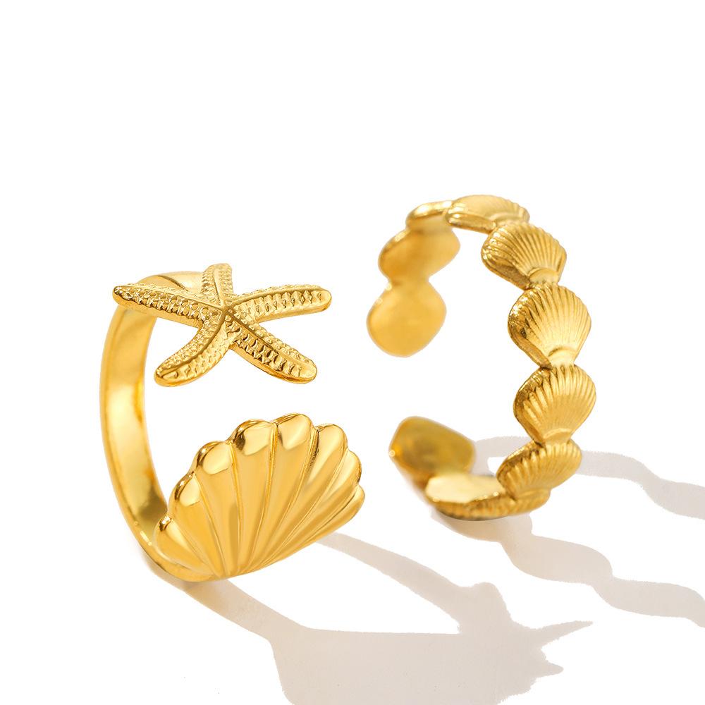 Ocean Element Stainless Steel Jewelry - Fresh Beach Style Shell Sea Star Open Adjustable Ring for Women