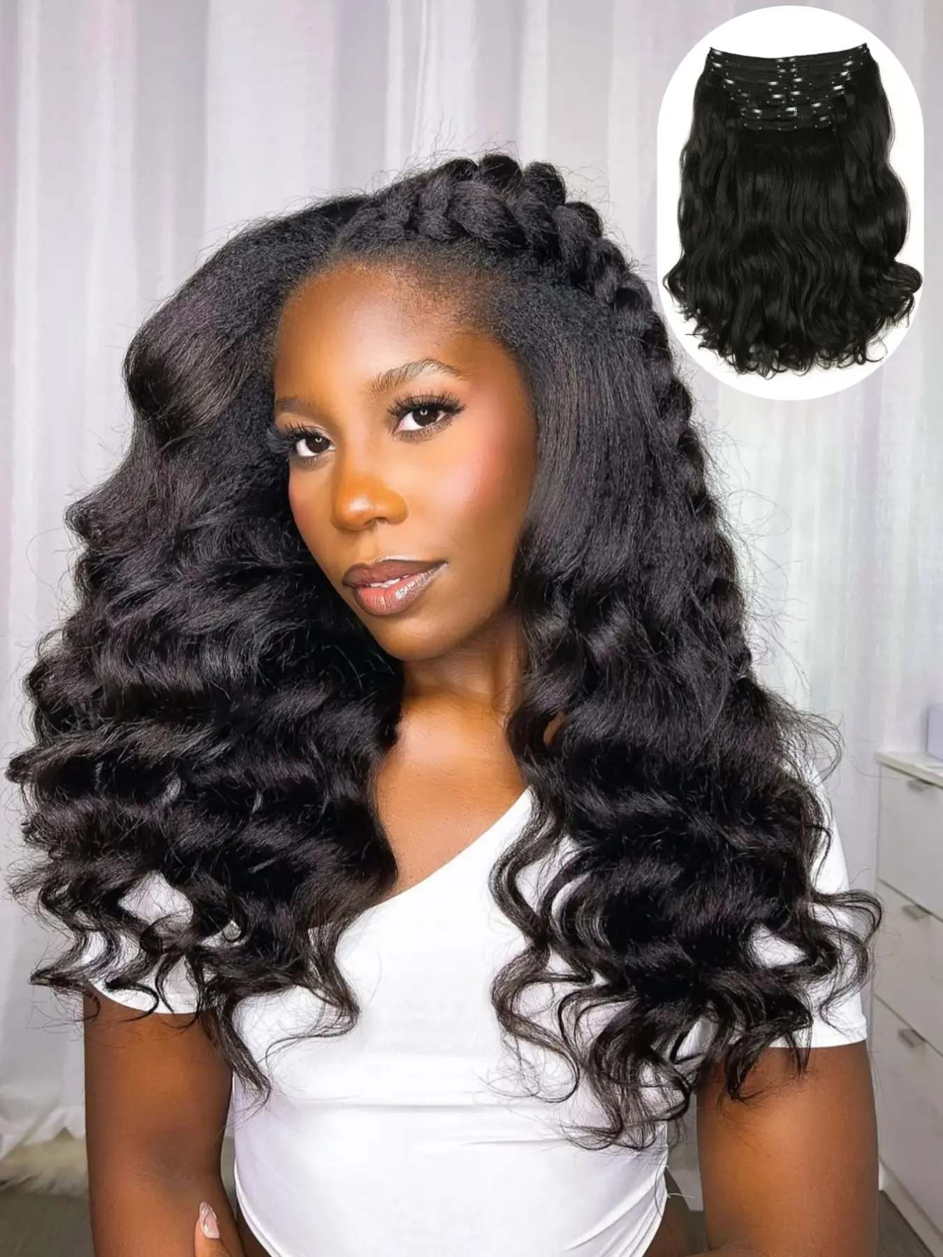 Yaki Curly Clip in Hair Extensions 8 Pcs, Medium Length Wavy Synthetic Hair Pieces for Women, All Seasons Clip on Hair Extensions