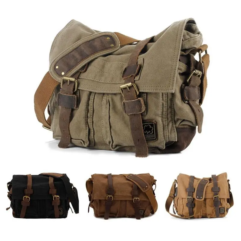 Vintage military-style canvas messenger bag—suitable as a travel bag, shoulder/crossbody bag, or casual outdoor messenger bag
