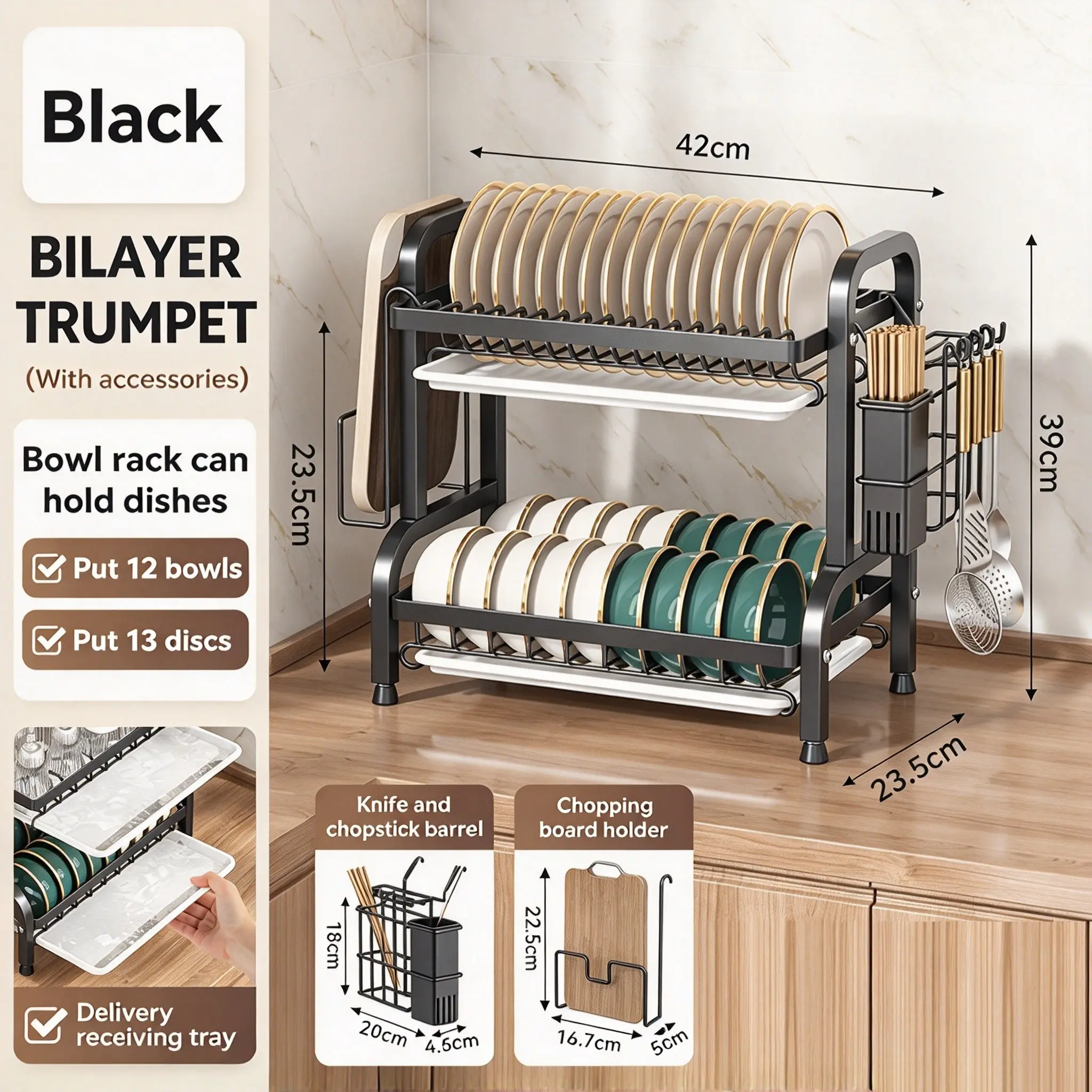 Kitchen Counter Dual Layer Bowl Rack, Large Capacity Dish Drainer, Multi-Functional Utensil Organizer, Knife Board Holder