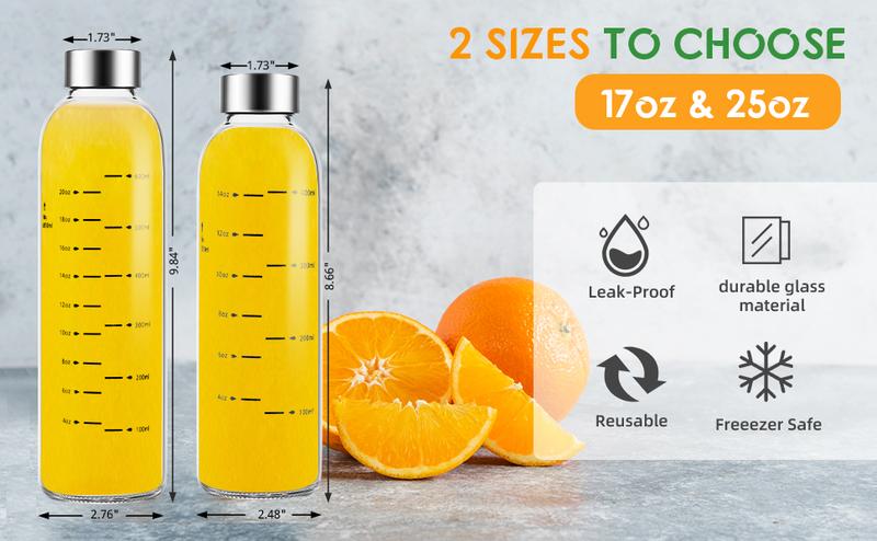 【WINSA】 Reusable Glass Juice Bottles 17oz 25oz 4Pack 6Pack Clear Water Bottle with Stainless Steel Cap 100% Leak Proof BPA Free Drinkware Washable Tumbler for Refrigerator Bottled Valentine's Day Gift