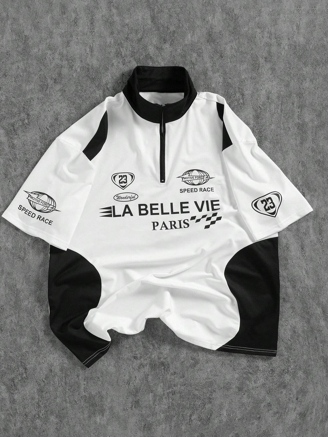 Men's Patchwork Half-Zip Polo Shirt, Racing Style Trendy Design, Perfect for Daily Wear or Unique