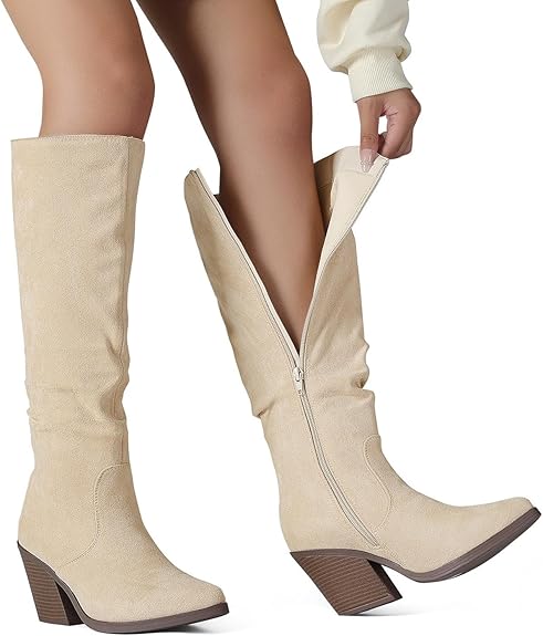 Women's Pointed Toe Knee High Boots Faux Suede Stacked Chunky Heel Boots Side Zipper Slouchy High Boots
