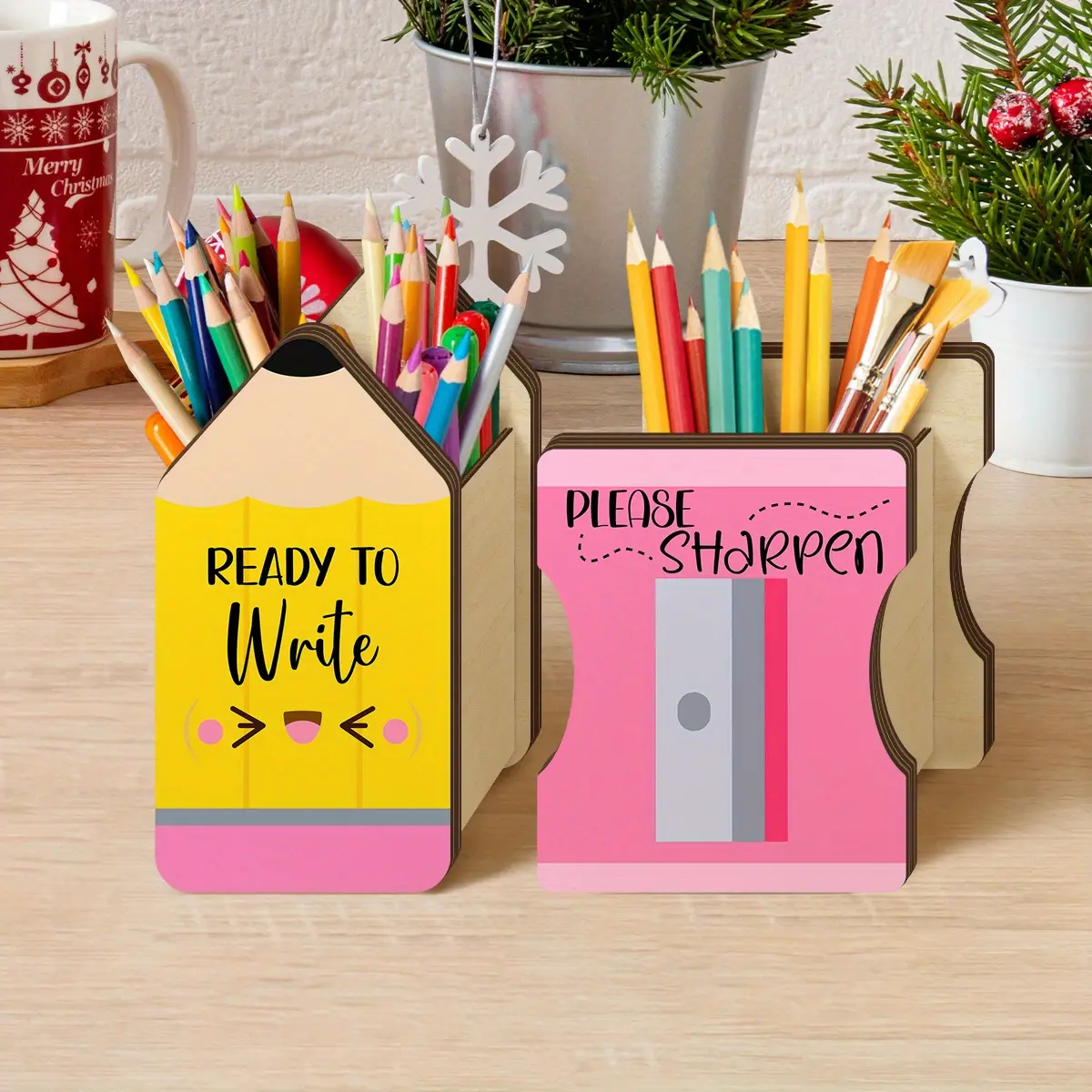 2Pcs Pencil Holder Wooden Pencil Dispenser, Pencil and Sharpener Shapes Pen Holders, Back to School Dispenser Storage Organizer Desk Accessories for Classroom Office Desk
