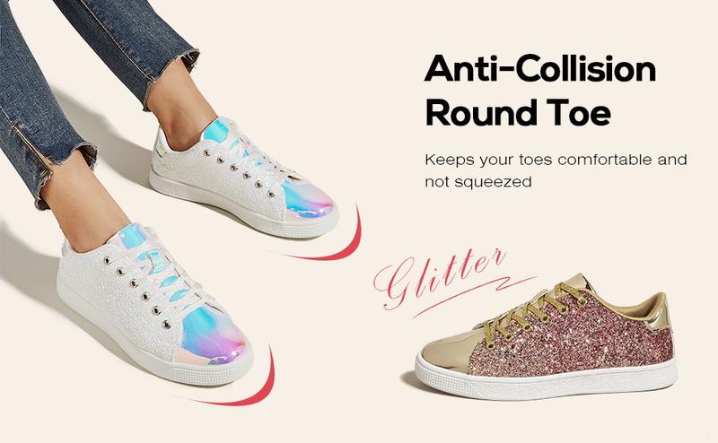 LUCKY STEP Glitter Shoes Sparkly Bling Shiny Bedazzled Lace up Fashion Sneakers for Women Gold Glitter PU TPR Sole Ideal for Jogging Shopping Walking
