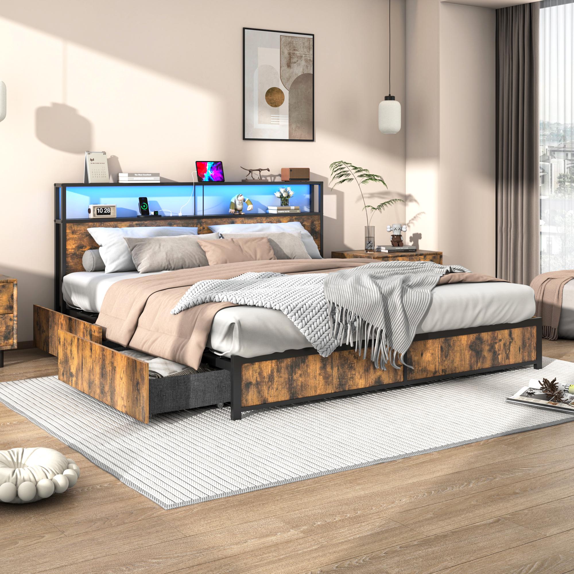 Full/Queen/King Bed Frame with Storage Drawers - Led Lights and Charging Station Metal Bed Frame with Headboard, No Box Spring Platform Bed Frame Wood, Vintage Brown/Brown/Rustic Brown