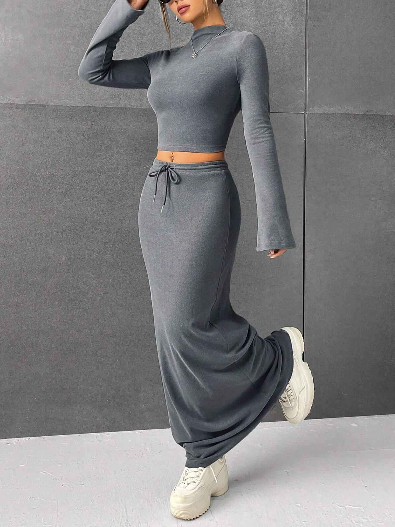 Women's Solid Flounce Sleeve Crop Tee & Drawstring Skirt Two-piece Set for Daily Outdoor Wear, Women's Clothing for Spring & Fall