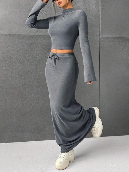 Women's Solid Flounce Sleeve Crop Tee & Drawstring Skirt Two-piece Set for Daily Outdoor Wear, Women's Clothing for Spring & Fall