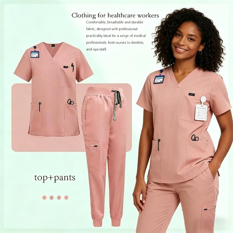 Women's V-Neck Scrub Set, 2-Piece Stretch Uniform with Jogger Pants, Multi-Pocket Breathable Workwear for Nurses Doctors, Multiple Colors Available
