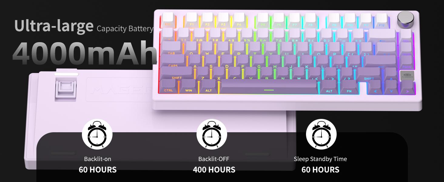 MageGee LIGHT75 Wireless Creamy Keyboard, Gasket Structure Hot Swappable, 75% Compact 2.4G/USB-C/BT5.0 RGB Backlit Gaming Keyboard for Win/Mac/PC, Side Printed PBT Keycaps, 4000mAh Battery, Purple MageGee LIGHT75 Wireless Creamy Keyboard, Gasket Structure Hot Swappable, 75% Compact 2.4G/USB-C/BT5.0 RGB Backlit Gaming Keyboard for Win/Mac/PC, Side Printed PBT Keycaps, 4000mAh Battery, Purple