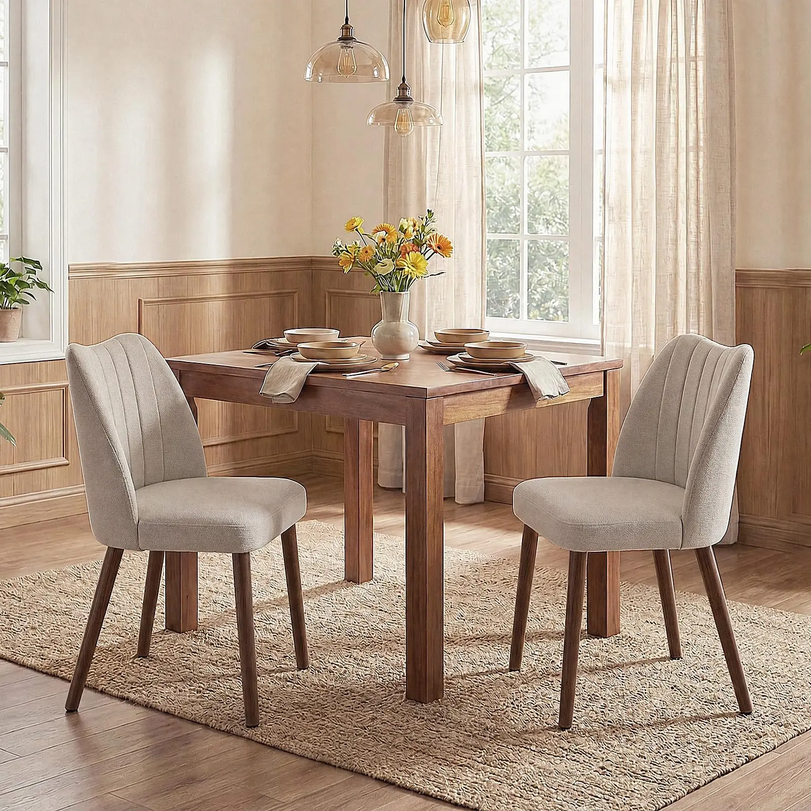 Modern Dining Chairs Set of 2 Curved Backrest Wooden Legs Upholstered Padded Seat Kitchen Living Room