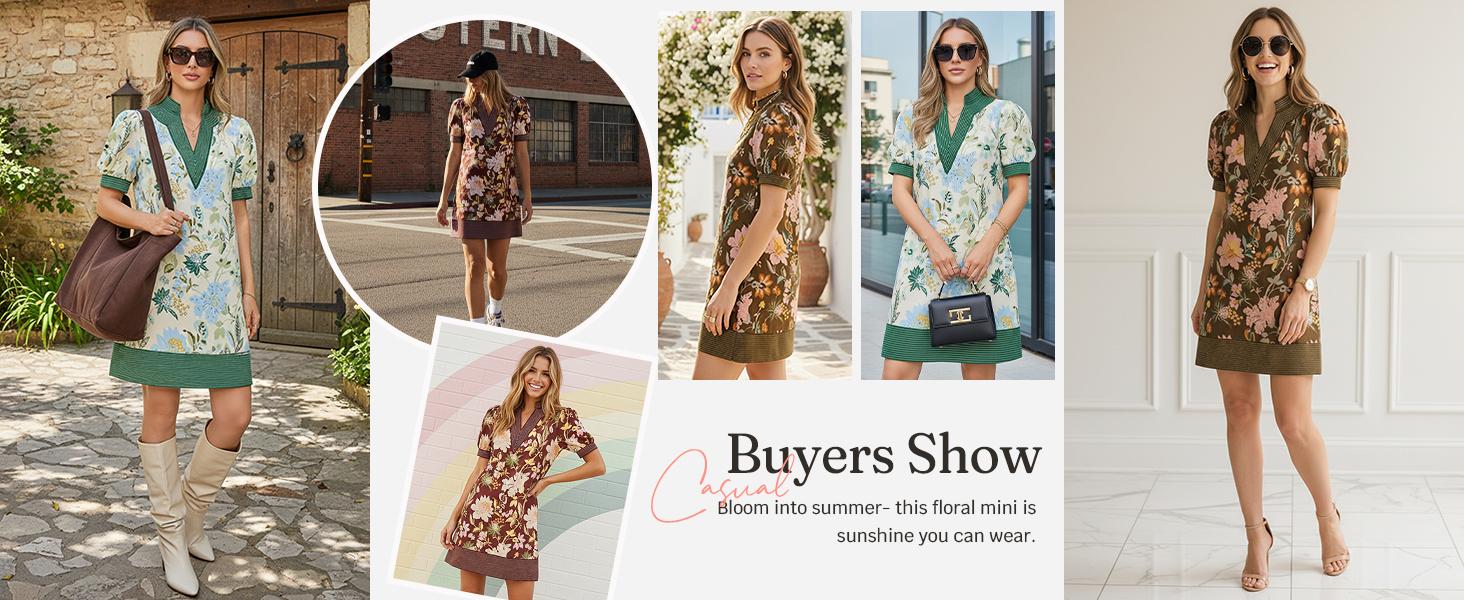 Wenrine Women's Summer V-Neck Shift Dress - Casual Puff Short-Sleeve Color Block Bohemian Tropical Day Dress with Pockets, Comfortable