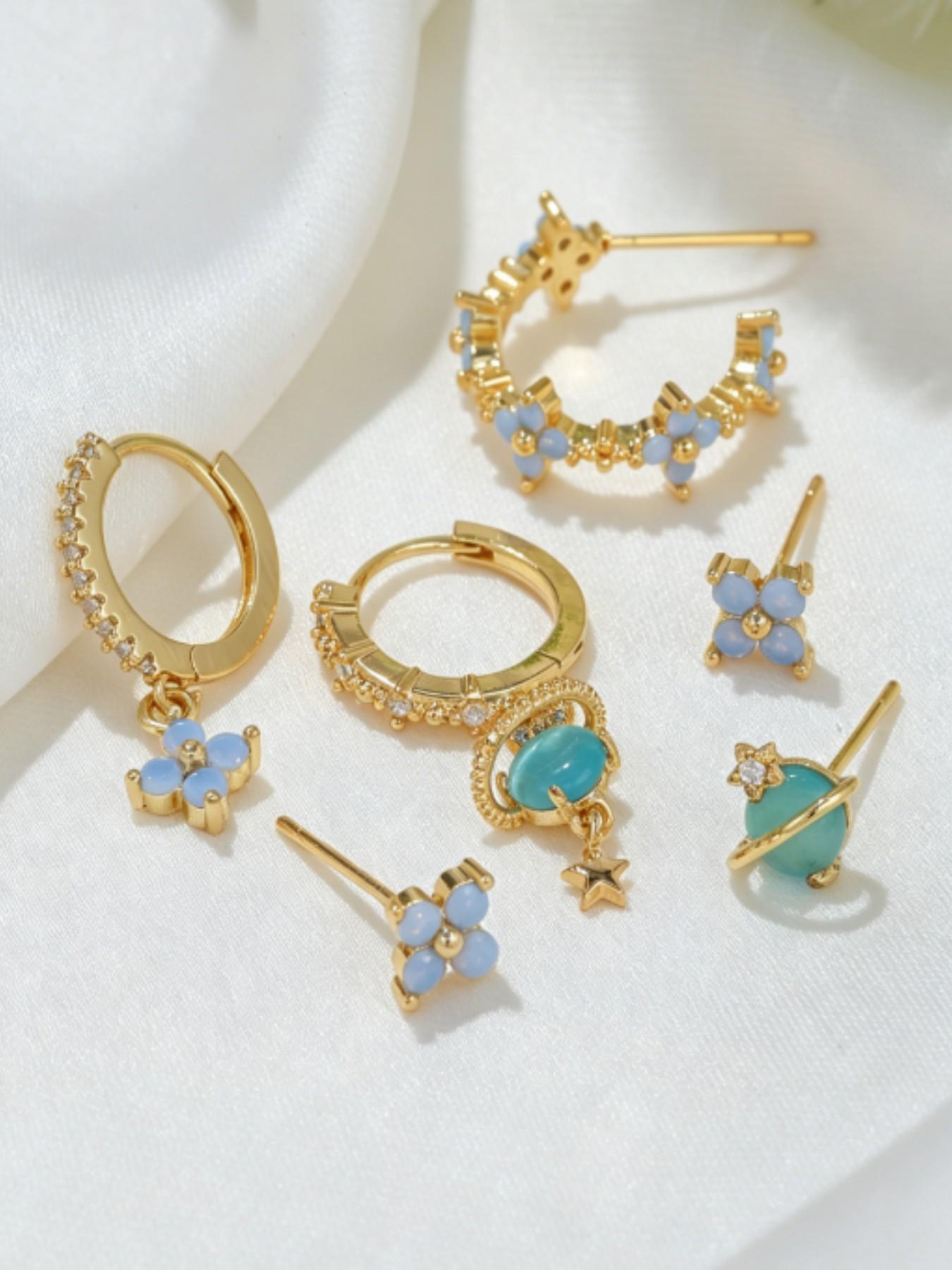 6-Piece Copper Earring Set, Zircon Blue Imitation Opal Star Dangle Earrings, Stackable Flower Studs, Elegant Jewelry for Women