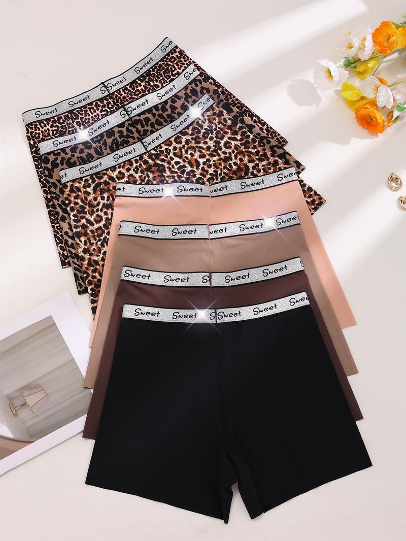 Women's Leopard & Plain Print Contrast Letter Tape Boxer Brief, Soft Comfy Breathable Panty for Daily Wear, Underwear for All Seasons, Casual Breathable Knicker