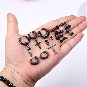 14 Pairs Earrings for Men Black Stud Earrings Stainless Steel Hoop Earrings, Silver Gothic Punk Cross Dangle Earrings Set Jewelry Piercings For Cool Men Women