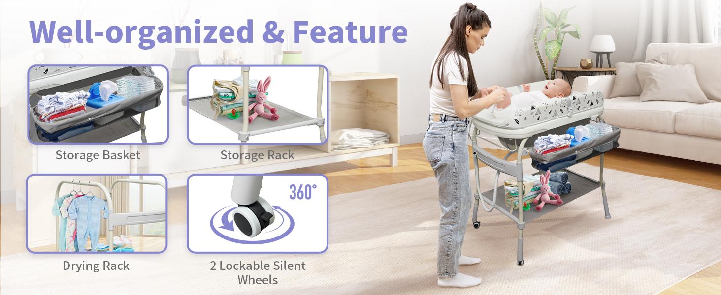 2 In 1 Safety Collapsible Baby Bathtub With Changing Table,Waterproof Diaper Changing Station Portable Travel Cute Care Baby Tub,Adjustable Height Nursery Organizer With Storage Racks For Newborn Infant Toddler