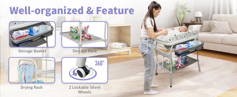 2 In 1 Safety Collapsible Baby Bathtub With Changing Table,Waterproof Diaper Changing Station Portable Travel Cute Care Baby Tub,Adjustable Height Nursery Organizer With Storage Racks For Newborn Infant Toddler