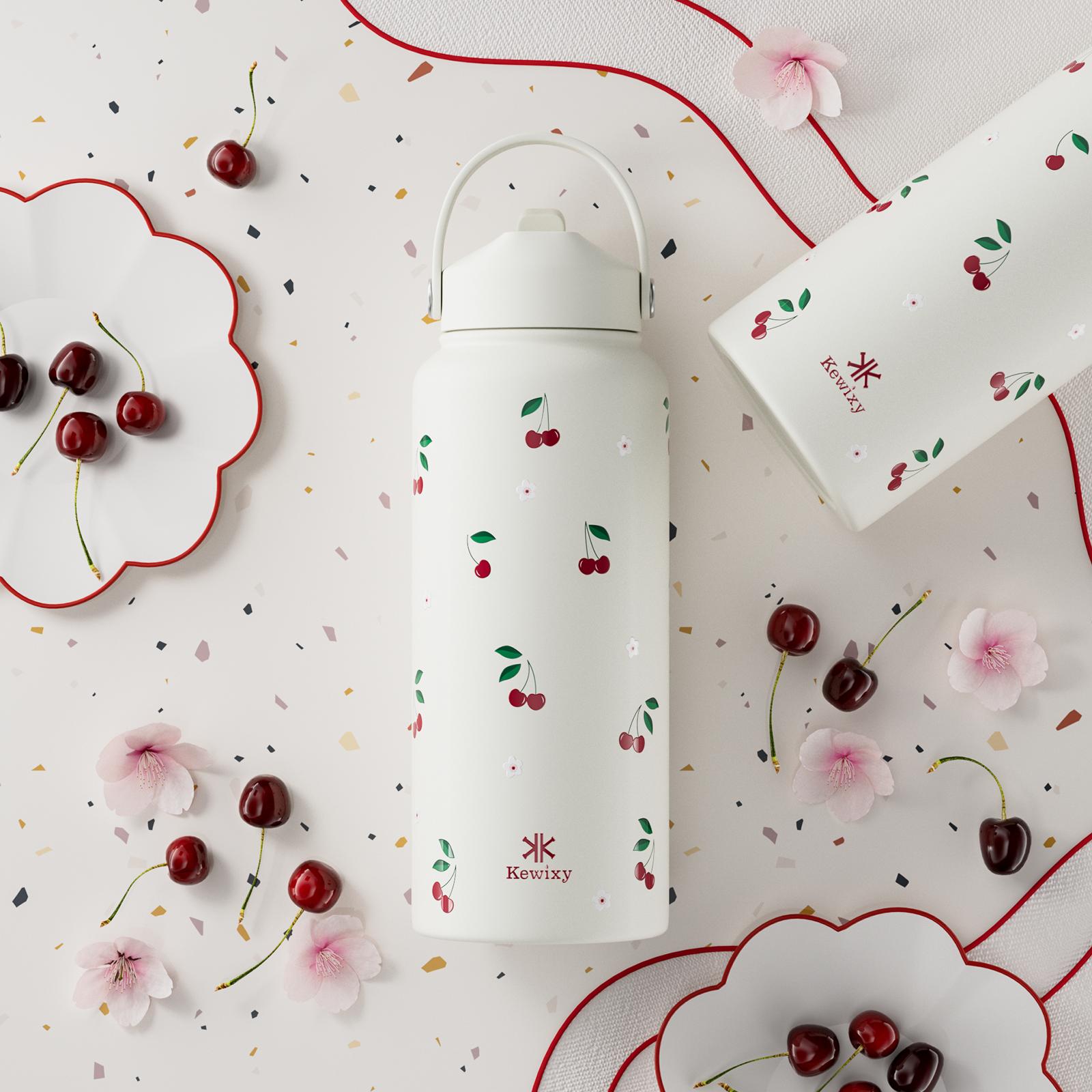 [Bonus keychain] KEWIXY 18oz&32oz Pink Bow Water Bottle, Cute Cherry, Flip Straw Lid, Stainless Steel, Leak Proof, 24-hour Cold, Reusable, Portable for Travel, Gym and School Tumbler Mug Cup