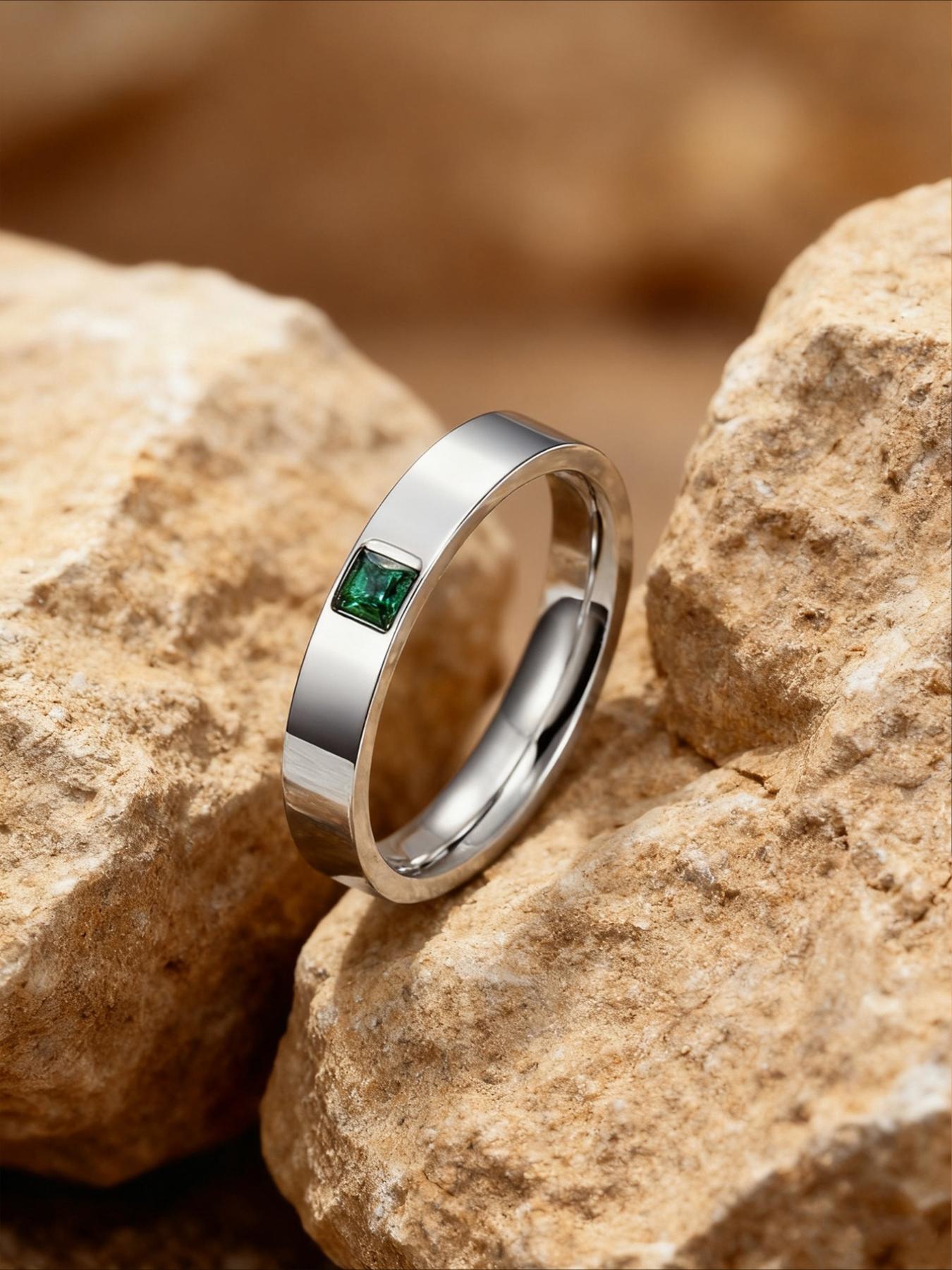 Light Luxury Stainless Steel Green Zircon Couple Ring Minimalist Flat Plain Ring Stainless Steel Non Fading Couple Anniversary Gift