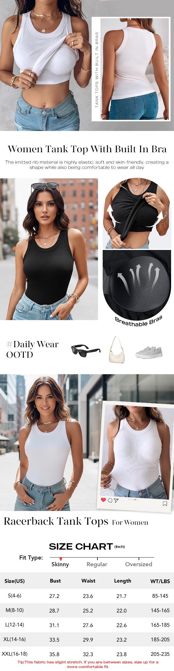 ChicMe Ribbed Built-in Bra Tank Top Round Neck Ribbed Tank Top with Built-In Bra - Stretchy Bodycon Camisole for Casual Wear, Loungewear Seamless Supportive Cami Top