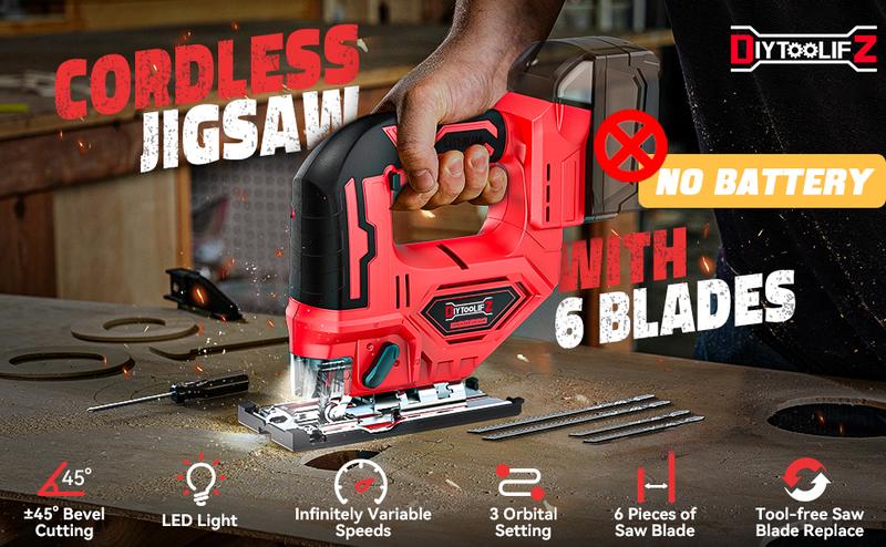 Cordless Jigsaw Compatible with Milwaukee 18V Battery(NO Battery!!), Brushless Jig Saw, 2900RPM, 0°-45°Bevel, 3 Action, LED Light for Straight/Curve Cutting Wood