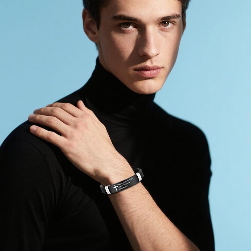 Inspirational Quote Bible Verse Cross Bracelets Faith Christian Silicone ID Wristband Religious Gifts for Men Women Stainless Steel Rubber Adjustable Bracelet