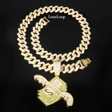 LuxeLoop Stacked Dollar Bill Pistol Pendant Neck Chain for Men Unisex, Trendy Iced Out Hip Hop Streetwear Statement Necklace, Chunky Full Shine Cuban Link Fashion Neck Accessory, Viral Nightclub Concert Party Outfit Matching Neck Piece, Versatile Layerabl