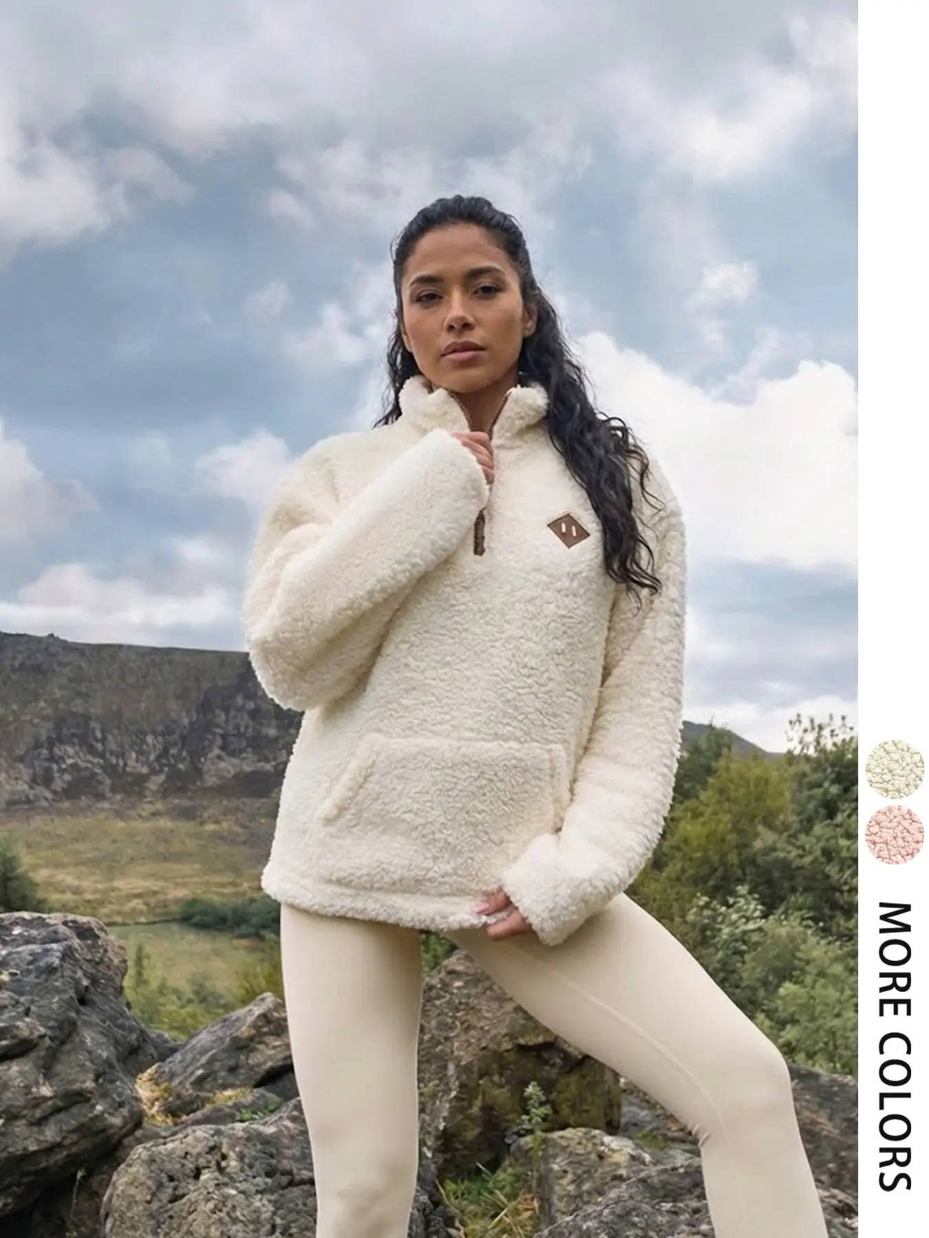 Women's Casual Peach Half-Zip Faux Fur Hooded Sweatshirt, Winter Long Sleeve Warm Puffy Pullover, Loose Fit Zipper Hoodie Jacket