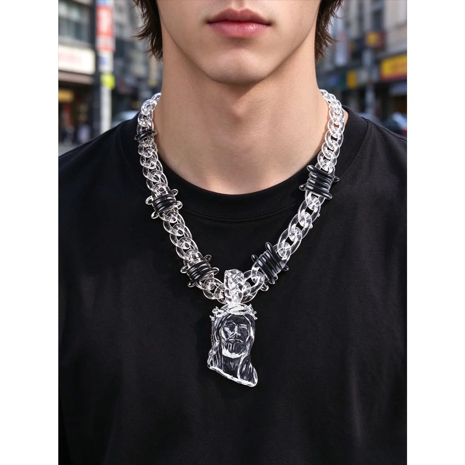 Clear Acrylic Jesus Pendant Necklace for Men Women, Transparent Resin Barbed Wire Thorn Chain Choker, Hip Hop Iced Out Streetwear Jewelry, Unique Gothic Punk Birthday Gift for Boyfriend