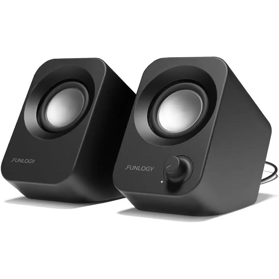 14W Stereo PC Audio Speakers, 5V (5V-1A to 3A) USB+Jack Powered, Small Compact Size with 30° Tilt Design, Volume Dial Control, for Desktop, Laptop, Black