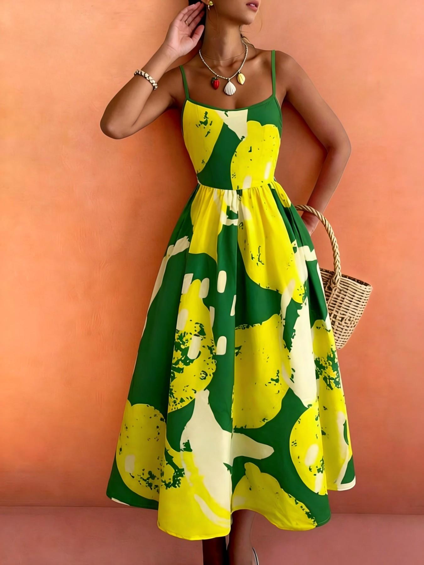 Women's Casual Resort Wear, Spaghetti Strap, Lemon and Banana Fruit Print, Pleated Back Design, Comfortable Beach Dress, Boho Beach Sundress, Boho Summer Clothes, Spring/summer Fashion, Bohemian Summer Dresses, Boho Fashion Dress
