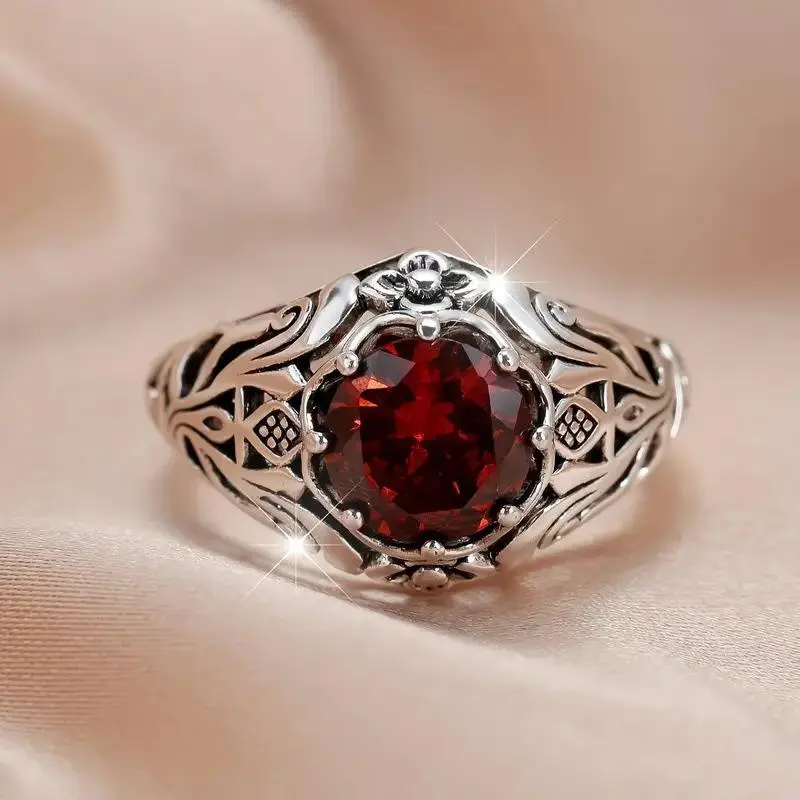 Red Cubic Synthetic Zirconia Ring, Creative Vintage Alloy Inlaid Simulated Topaz Ring