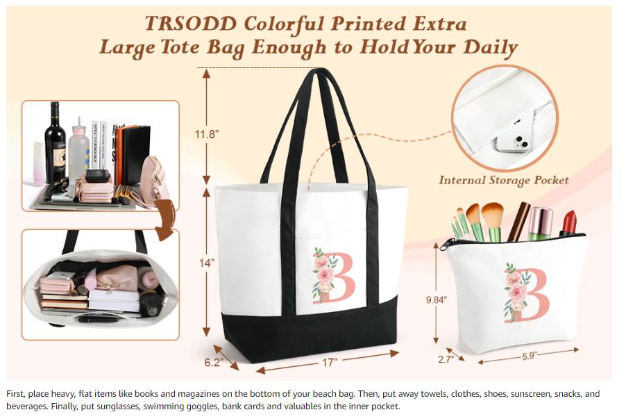 Fashion Personalized Floral Initial Large Tote Bag, 2 piece Canvas Beach Bag with Makeup Bag, high-quality daily commuting bag ,Bridesmaid Bridal Shower Teacher Gifts, ,Mothers Day Gifts for Women