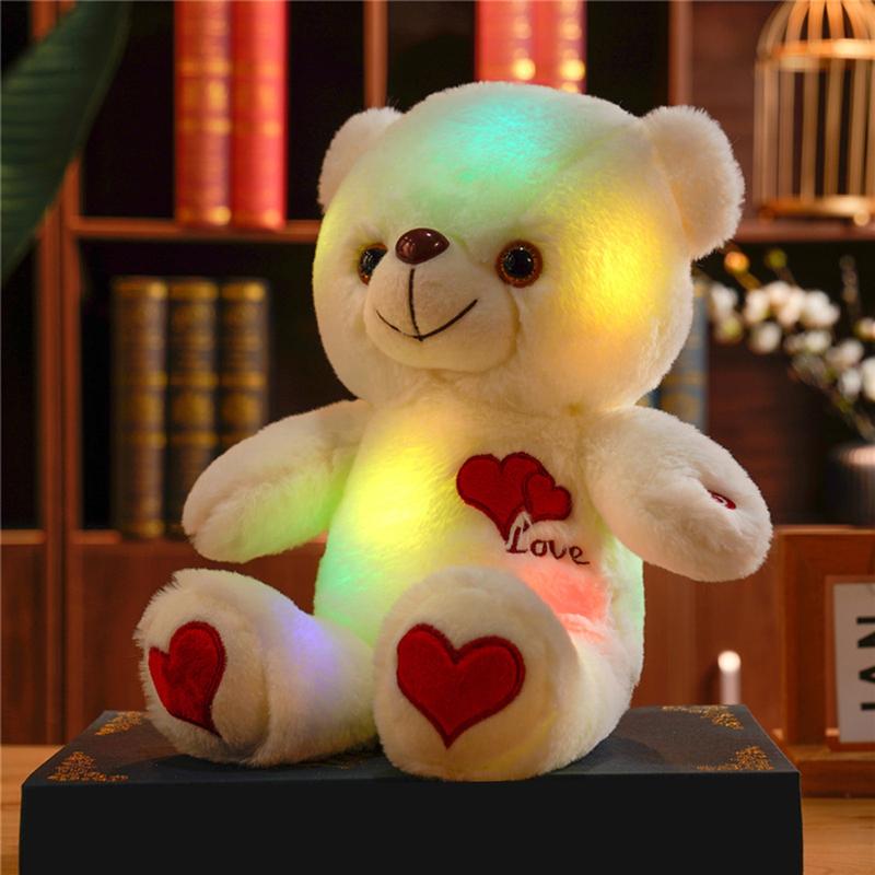 Glow-in-the-Dark Light-Up LED Teddy Bear Plush Toy with Heart and Rose Lights, Soft and Cuddly Plush Animal with Expressive Eyes, Warm White and Colorful Lights, Valentine's Day, Birthday and Anniversary Gift for Kids and Adults