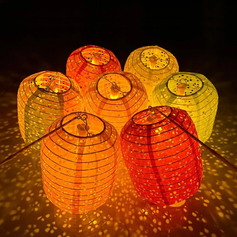 12Pcs Colorful Glow Oval Asian Paper Lanterns - 8in Lighted Party Decor, Oval Shape, Includes Tassels, LED Lights, Tassel Stick, Party Props - for Wedding, New Years Decorations, Holiday Decor (Chinese Japanese Style Lamps)
