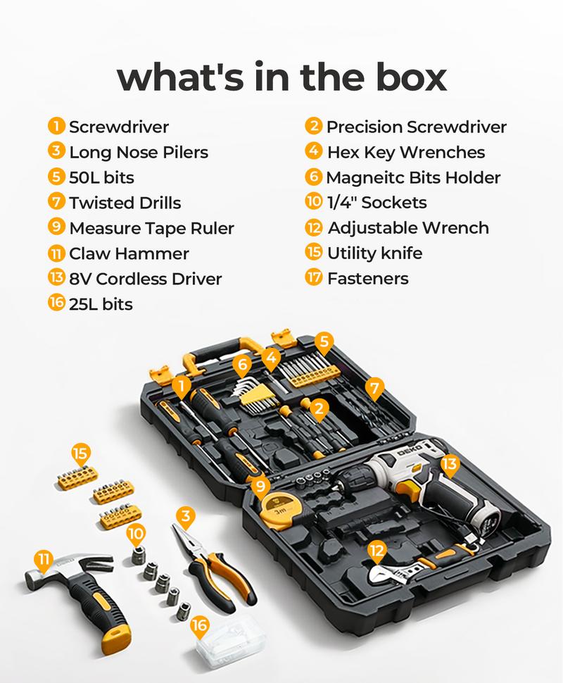 DEKOPRO 126-Piece 8V Cordless Drill Driver and Tool Set, All-in-One Portable Repair Tool Kit, Professional Household Basic Hand Repair Tool Set DEKOPRO 126-Piece 8V Cordless Drill Driver and Tool Set, All-in-One Portable Repair Tool Kit, Professional Household Basic Hand Repair Tool Set