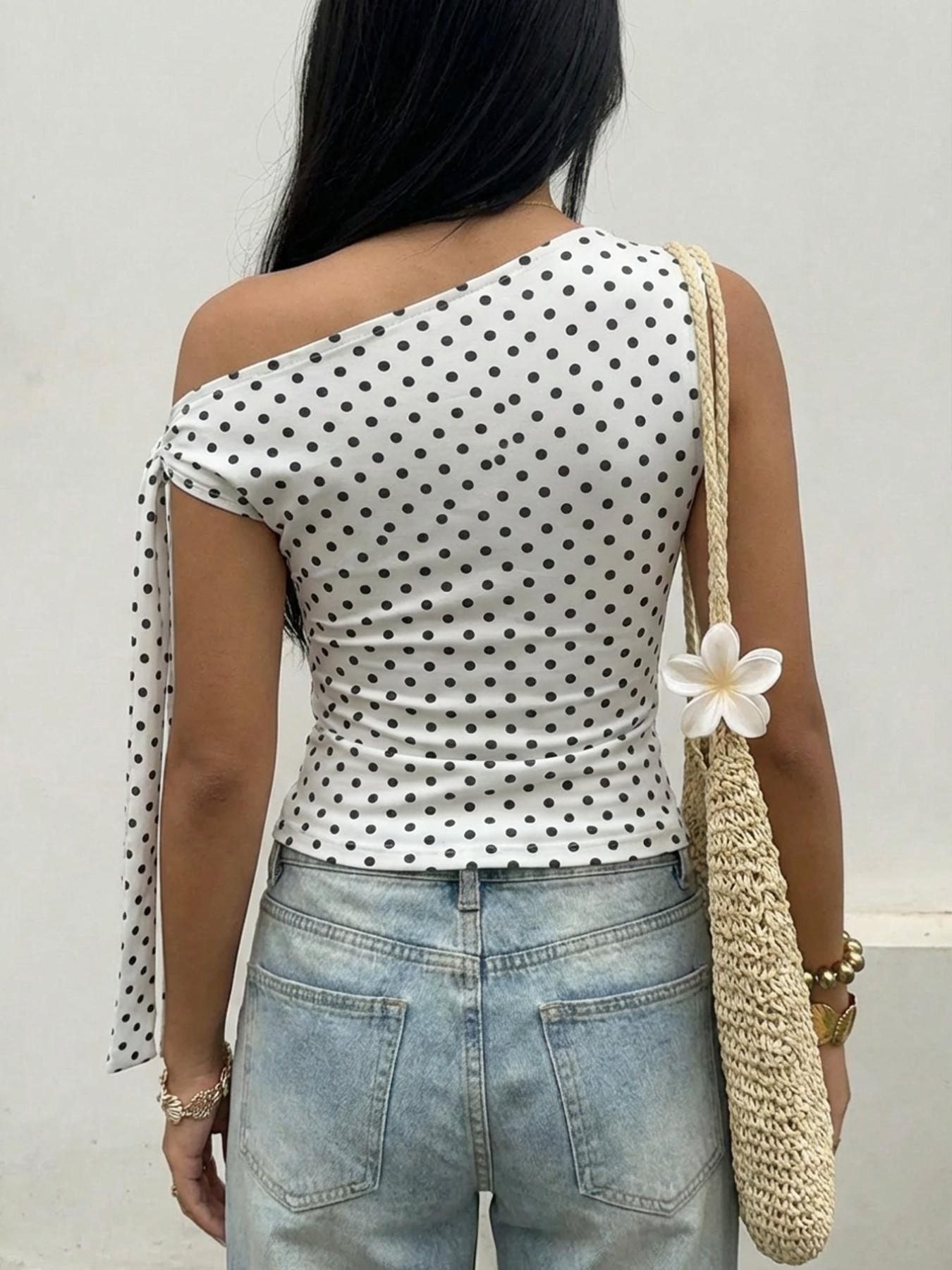 Women's Polka Dot Cross-Shoulder Tie Design Fitted Top, Fashionable Daily Commute Wear, Office, Stylish Ladies' Blouse