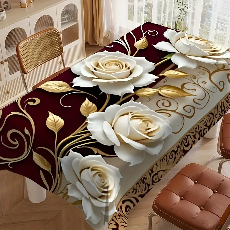 Red wine base with white gold rose pattern printed straight-edge tablecloth, water-resistant and stain-resistant reusable square tablecloth, suitable for decoration in living rooms, dining rooms, hotels, and cafes