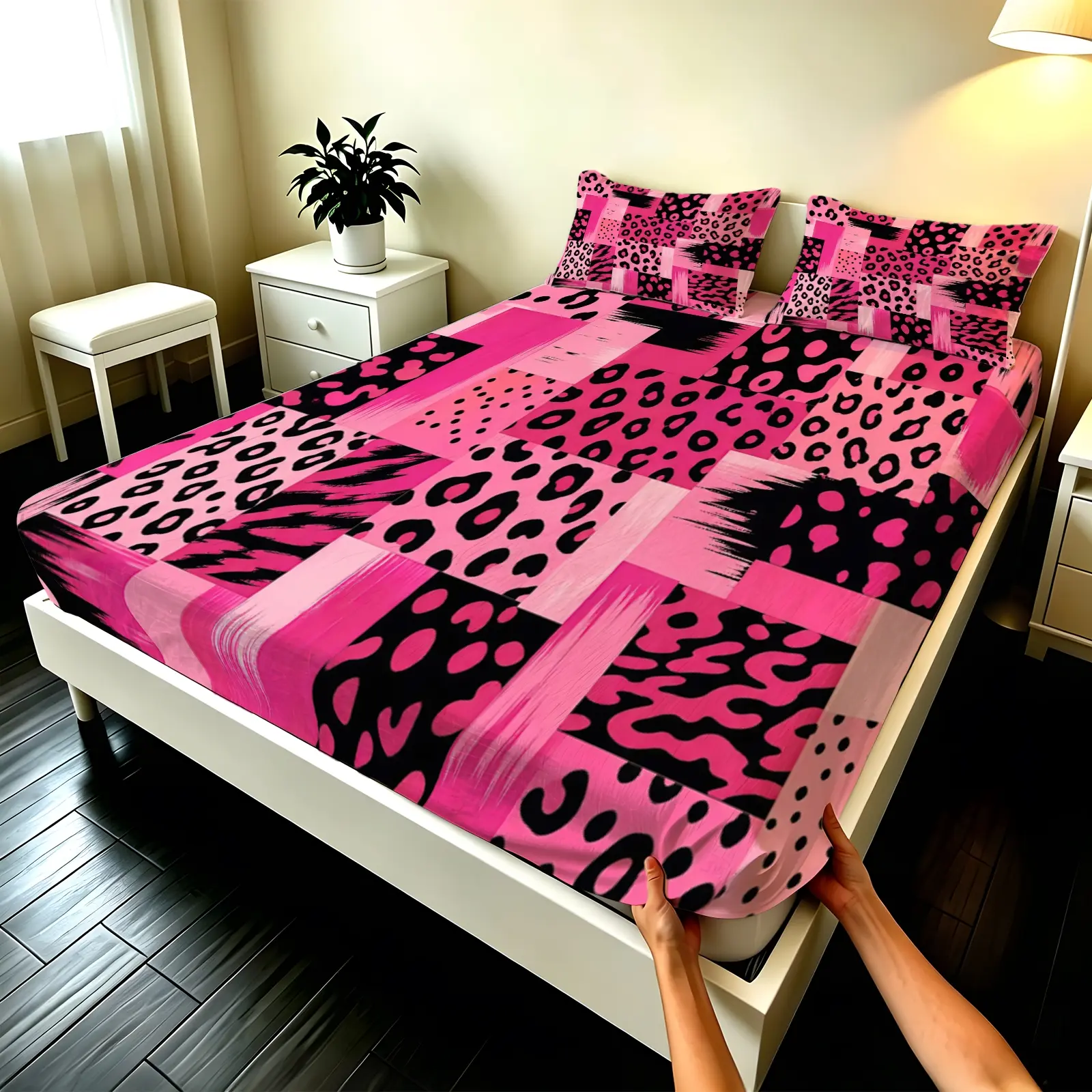 3pcs Fitted sheet Hot Pink Black Leopard Patchwork Print Soft Microfiber Bedding Set, Wrinkle Resistant Fade Proof Breathable Comfortable for Bedroom Dorm Hotel Home Twin Full Queen King Size