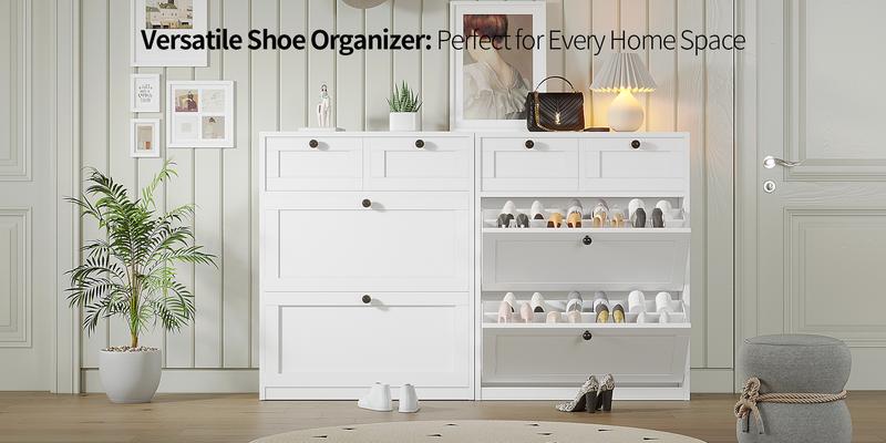 VOWNER Shoe Cabinet with 2 Flip Drawers & 2 Drawers, Freestanding Shoe Storage Cabinet with Adjustable Shelves, Shoe Organizer for Entryway, Hallway, Living Room, White Racks