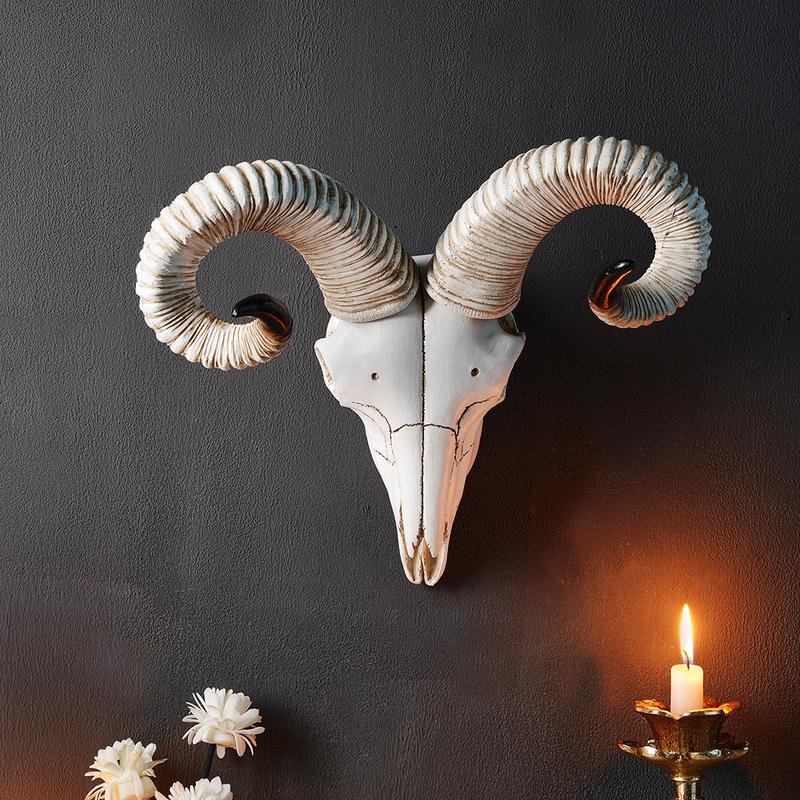 Resin Animal Skull Wall Decor Figurine Ornament, Realistic Sheep Head Bone Hanging Decoration for Ramadan Festival Home Wall Art