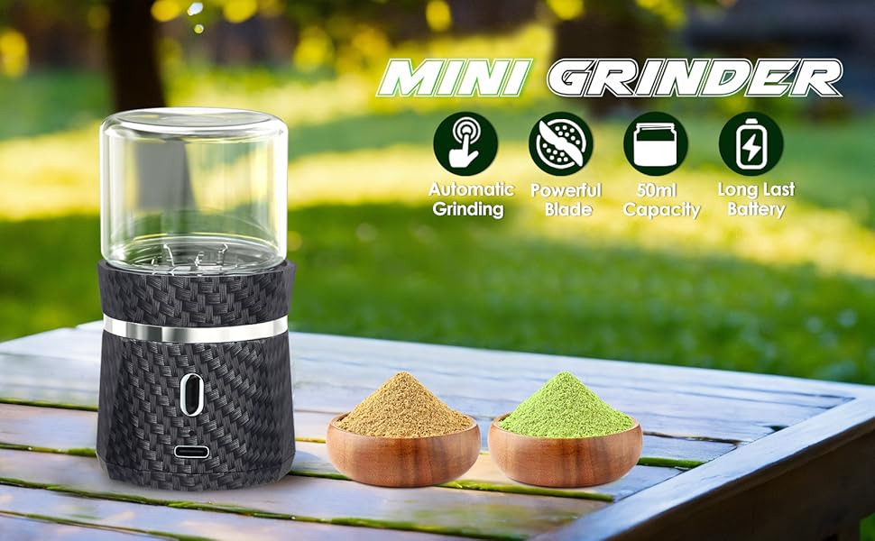 CAPTAIN Unique Electric Grinder, Small Spice Grinder Electric Grinders Mini Size 2x3.5inches with 2pcs 1.7oz/50ml Glass Jar Jar Portable Grinders Rechargeable Automatic Grinder