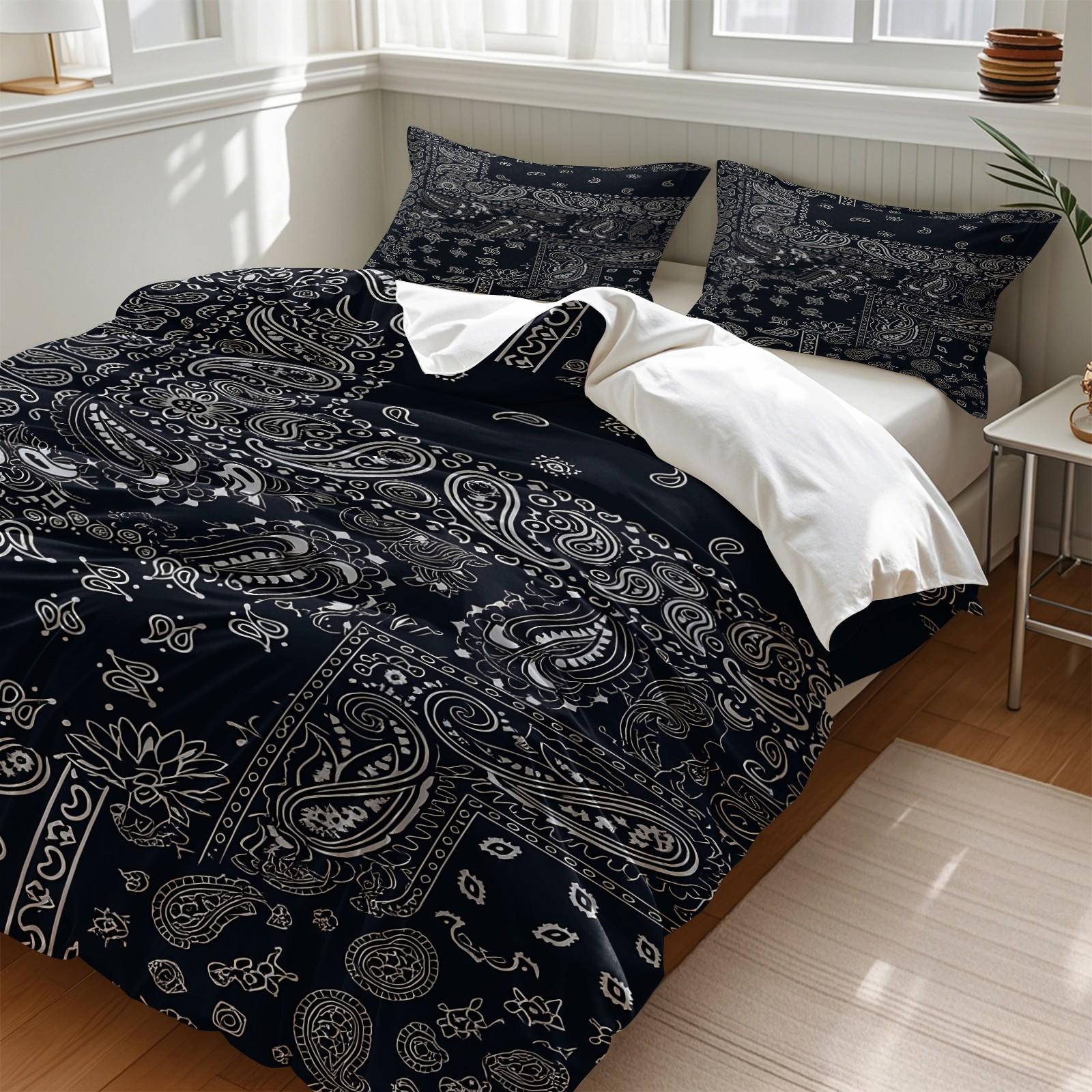 3PCS Navy Blue Bandana Paisley Duvet Cover Set (1 Duvet Cover + 1-2 Pillowcases), Classic White Border Paisley Print, Skin-Friendly Soft Comfy All Seasons Summer Bedding Set, Perfect for Streetwear Bedroom & Hip Hop Style Lovers