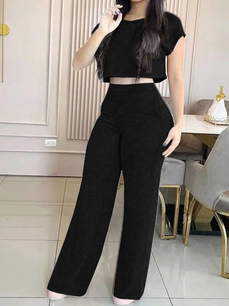 Women's Casual Elegant Solid Color Set, 2-Piece Daily Wear Clothes with Pockets, Comfortable & Stylish Design
