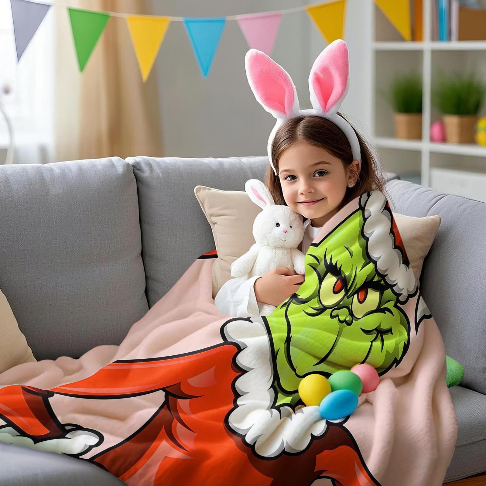 Christmas Grinch Monster Print Blanket, Perfect Birthday Gift for Kids, Single-Sided Movie Watching Throw, Soft Plush Material
