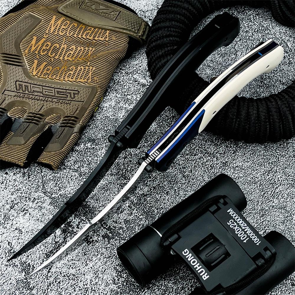 Two colored 7471 best-selling folding knives, featuring 8Cr13Mov steel blades and handles crafted from ebony wood and resin. Portable, practical pocket knives, Survival tools, ideal for outdoor camping, hiking, fishing