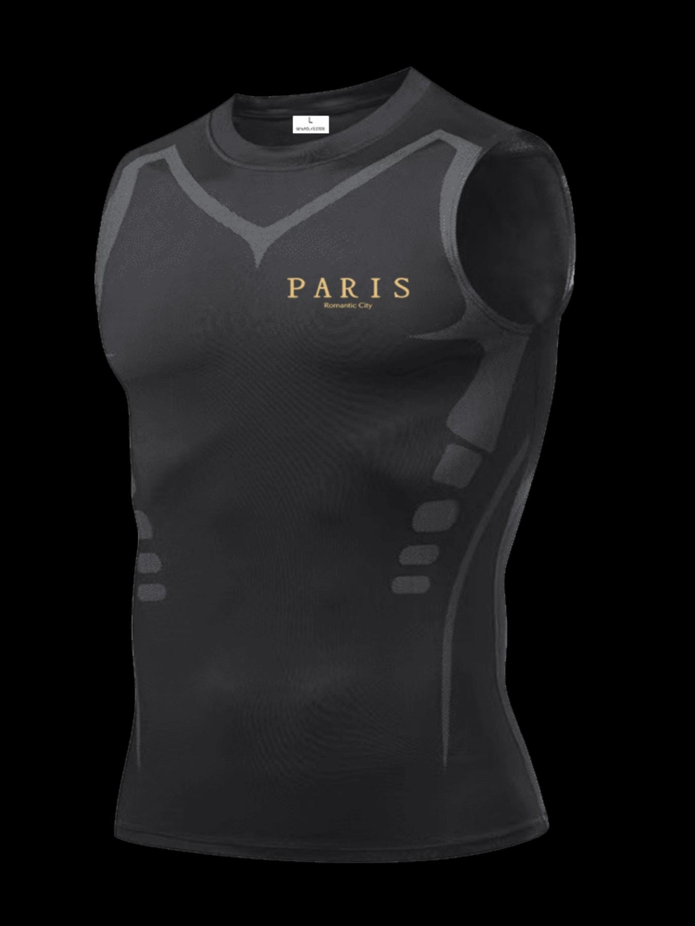 Men's Short Sleeve Sporty Tee, Quick-Dry Breathable Fabric, Paris Print, Ideal for Gym, Running, Boxing, Outdoor Activities